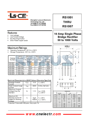 RS1001 datasheet - 10Amp single phase bridge rectifier 50to1000 volts