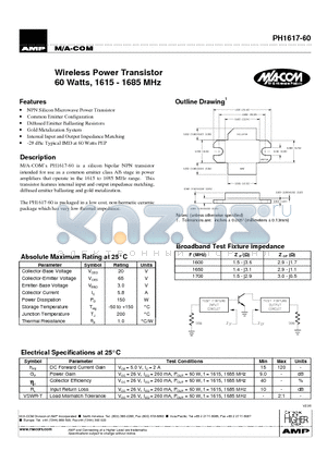 PH1617-60 datasheet - Wireless Power Transistor 60 Watts, 1615 - 1685 MHz