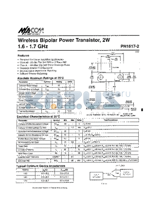 PH1617-2 datasheet - Wireless Bipolar Power Transistor, 2W 1.6 - 1.7 GHz