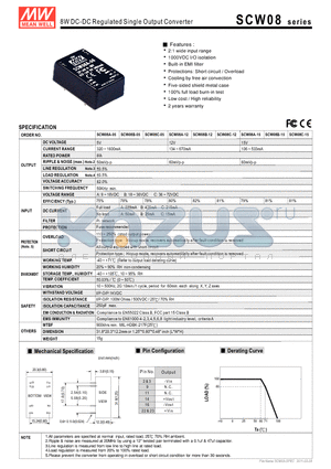 SCW08 datasheet - 8W DC-DC Regulated Single Output Converter