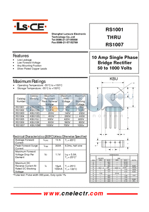 RS1002 datasheet - 10Amp single phase bridge rectifier 50to1000 volts
