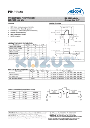 PH1819-33 datasheet - Wireless Bipolar Power Transistor 33W, 1805-1880 MHz