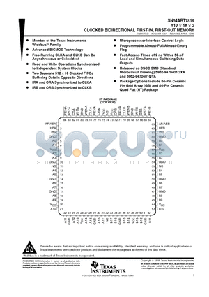 SN54ABT7819GB datasheet - 512  18  2 CLOCKED BIDIRECTIONAL FIRST-IN, FIRST-OUT MEMORY