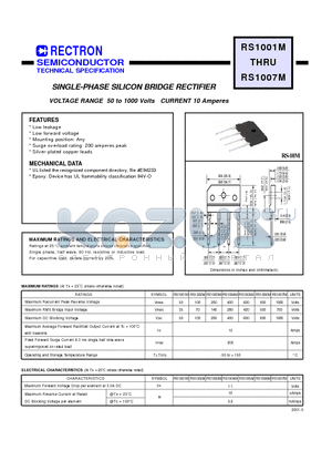 RS1002M datasheet - SINGLE-PHASE SILICON BRIDGE RECTIFIER (VOLTAGE RANGE 50 to 1000 Volts CURRENT 10 Amperes)