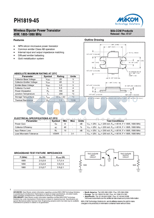 PH1819-45 datasheet - Wireless Bipolar Power Transistor 45W, 1805-1880 MHz