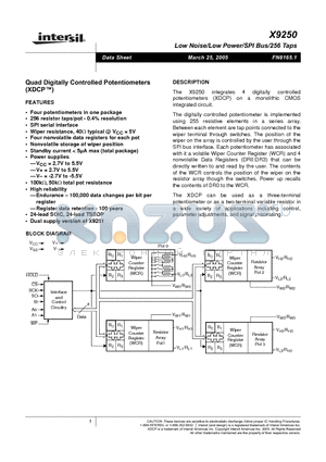 X9250 datasheet - Low Noise/Low Power/SPI Bus/256 Taps