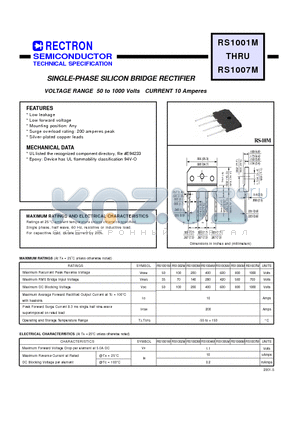 RS1003M datasheet - SINGLE-PHASE SILICON BRIDGE RECTIFIER (VOLTAGE RANGE 50 to 1000 Volts CURRENT 10 Amperes)