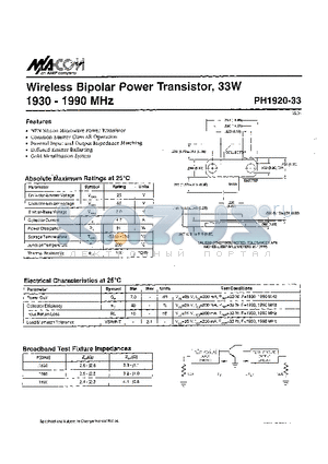PH1920-33 datasheet - Wireless Bipolar Power Transistor, 33W 1930 - 1990 MHz