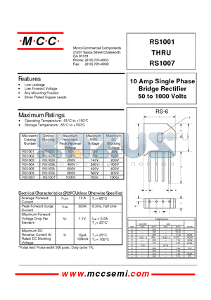 RS1007 datasheet - 10 Amp Single Phase Bridge Rectifier 50 to 1000 Volts