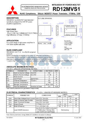 RD12MVS1 datasheet - RoHS Compliance, Silicon MOSFET Power Transistor, 175MHz, 12W