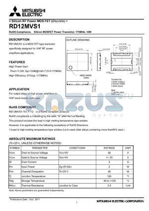 RD12MVS1 datasheet - RoHS Compliance, Silicon MOSFET Power Transistor, 175MHz, 12W