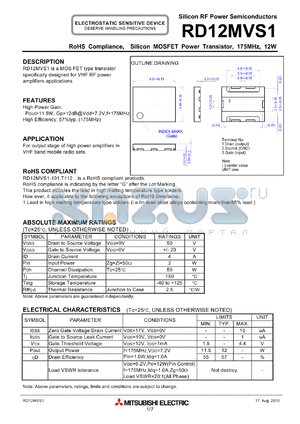 RD12MVS1_10 datasheet - RoHS Compliance, Silicon MOSFET Power Transistor, 175MHz, 12W