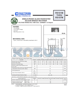 RS101M_10 datasheet - SINGLE-PHASE GLASS PASSIVATED SILICON BRIDGE RECTIFIER VOLTAGE RANGE 50 to 1000 Volts CURRENT 1.0 Ampere