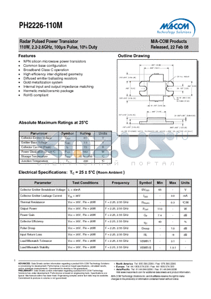 PH2226-110M datasheet - Radar Pulsed Power Transistor 110W, 2.2-2.6GHz, 100ls Pulse, 10% Duty