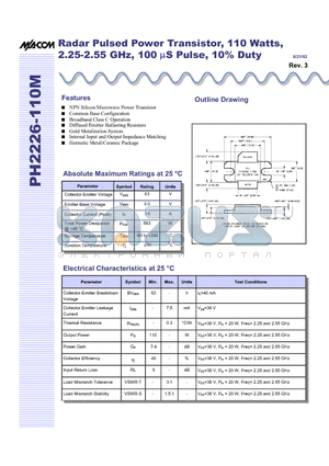 PH2226-110M datasheet - Radar Pulsed Power Transistor, 110 Watts, 2.25-2.55 GHz, 100 uS Pulse, 10% Duty
