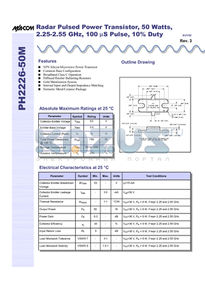 PH2226-50M datasheet - Radar Pulsed Power Transistor, 50 Watts, 2.25-2.55 GHz, 100 uS Pulse, 10% Duty