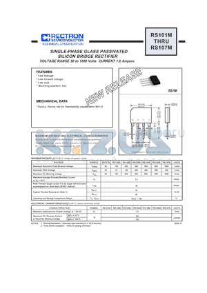 RS102M datasheet - SINGLE-PHASE GLASS PASSIVATED SILICON BRIDGE RECTIFIER VOLTAGE RANGE 50 to 1000 Volts CURRENT 1.0 Ampere