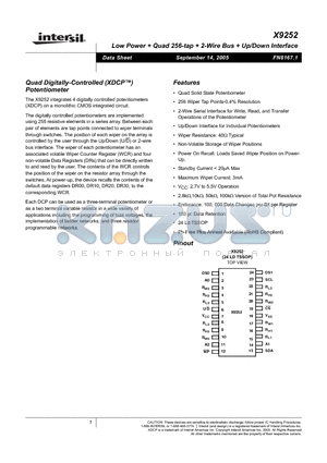 X9252 datasheet - Low Power  Quad 256-Tap  2-Wire Bus  Up/Down Interface