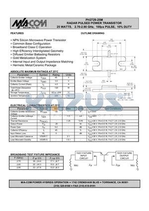 PH2729-25M datasheet - RADAR PULSED POWER TRANSISTOR 25 WATTS, 2.70-2.90 GHz, 100ms PULSE, 10% DUTY