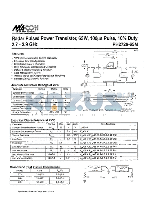 PH2729-65M datasheet - Radar Pulsed Power Transistor, 65W, loops Pulse, 10% Duty 2.7 - 2.9 GHz