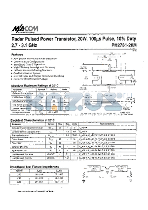 PH2731-20M datasheet - Radar Pulsed Power Transistor, 2OW, loops Pulse, 10% Duty 2.7 - 3.1 GHz