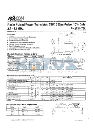 PH2731-75L datasheet - Radar Pulsed Power Transistor, 75W, 300us Pulse, 10% Duty 2.7 - 3.1 GHz