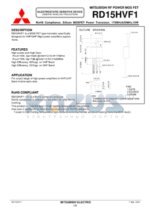 RD15HVF1 datasheet - RF POWER MOS FET Silicon MOSFET Power Transistor, 175MHz520MHz,15W