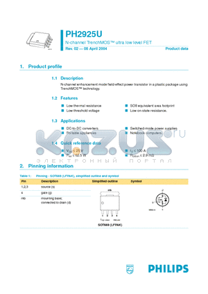 PH2925U datasheet - N-channel TrenchMOS ultra low level FET