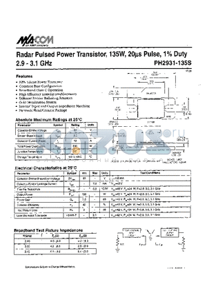PH2931-135S datasheet - REDAR PULSED POWER TRANSISTOR, 135W, 20us PULSE, 1 PERCENTAGE DUTY 2.9 - 3.1 GHz