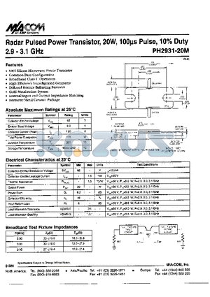 PH2931-20M datasheet - Radar Pulsed Power Transistor, 20W,100ms Pulse, 10% Duty 2.9-3.1 GHz