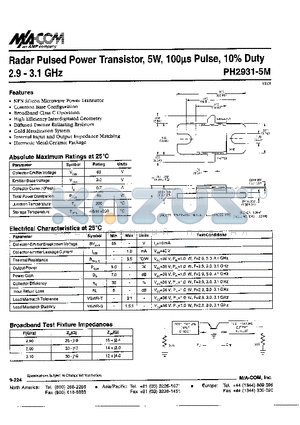 PH2931-5M datasheet - Radar Pulsed Power Transistor,5W,100ms Pulse, 10% Duty 2.9-3.1 GHz