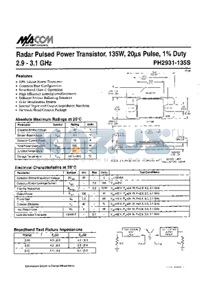 PH2931-I3 datasheet - Radar Pulsed Power Transistor, 135W, 20ms Pulse, 1% Duty 2.9 - 3.1 GHz