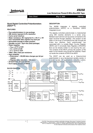 X9258TS24I-2.7 datasheet - Low Noise/Low Power/2-Wire Bus/256 Taps