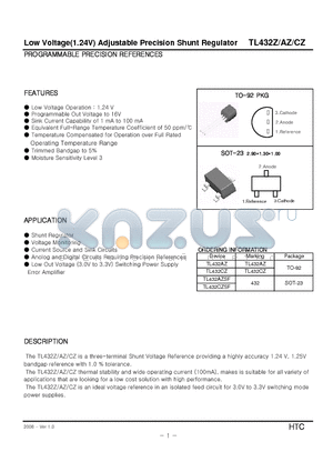 TL432AZSF datasheet - Low Voltage(1.24V) Adjustable Precision Shunt Regulator