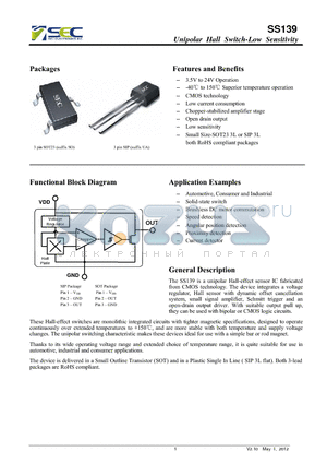 SS139 datasheet - Unipolar Hall Switch-Low Sensitivity