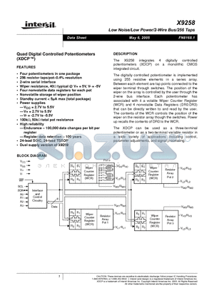X9258UV24I datasheet - Low Noise/Low Power/2-Wire Bus/256 Taps