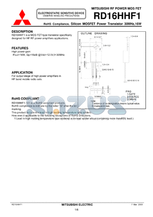 RD16HHF1 datasheet - RF POWER MOS FET Silicon MOSFET Power Transistor 30MHz,16W