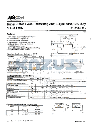 PH3134-20L datasheet - Radar Pulsed Power Transistor, 20W, 300us Pulse, 10% Duty 3.1 - 3.4 GHz