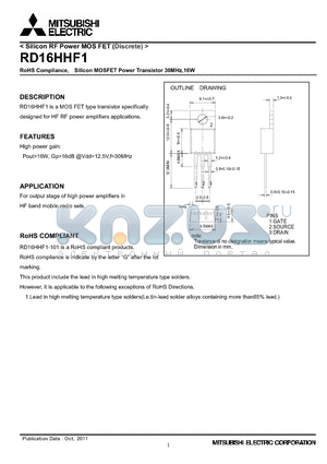 RD16HHF1 datasheet - RoHS Compliance, Silicon MOSFET Power Transistor 30MHz,16W