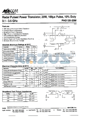 PH3135-20M datasheet - Radar Pulsed Power Transistor, 20W,100ms Pulse,10% Duty 3.1-3.5 GHz