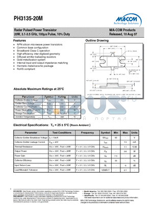 PH3135-20M datasheet - Radar Pulsed Power Transistor 20W, 3.1-3.5 GHz, 100ls Pulse, 10% Duty