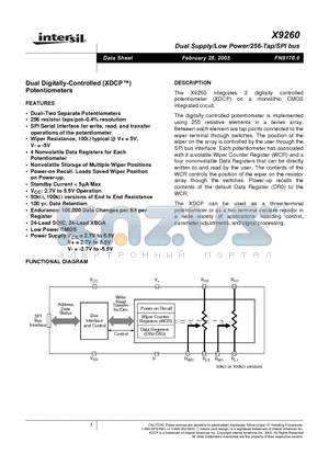 X9260TS24I datasheet - Dual Supply/Low Power/256-Tap/SPI bus