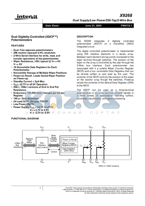 X9268 datasheet - Dual Supply/Low Power/256-Tap/2-Wire Bus