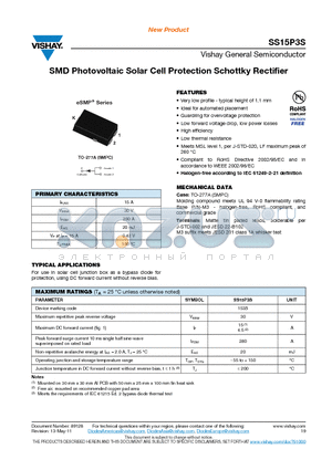 SS15P3S datasheet - SMD Photovoltaic Solar Cell Protection Schottky Rectifier