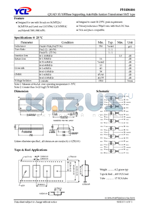 PH406466 datasheet - QUAD 10/100Base Supporting AutoMdix funtion Transformer SMT type