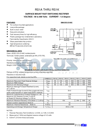 RS1A datasheet - SURFACE MOUNT FAST SWITCHING RECTIFIER(VOLTAGE - 50 to 800 Volts CURRENT - 1.0 Ampere)