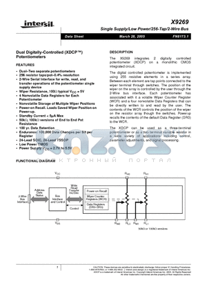 X9269TV24 datasheet - Single Supply/Low Power/256-Tap/2-Wire Bus