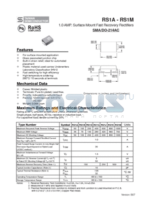 RS1A datasheet - 1.0 AMP. Surface Mount Fast Recovery Rectifiers