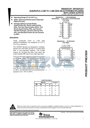 SN54AHC257W datasheet - QUADRUPLE 2-LINE TO 1-LINE DATA SELECTORS/MULTIPLEXERS WITH 3-STATE OUTPUTS