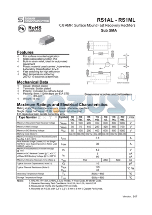 RS1AL datasheet - 0.8 AMP. Surface Mount Fast Recovery Rectifiers